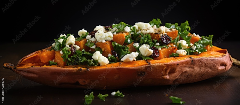 Sweet potato roasted with feta and kale crispy With copyspace for text
