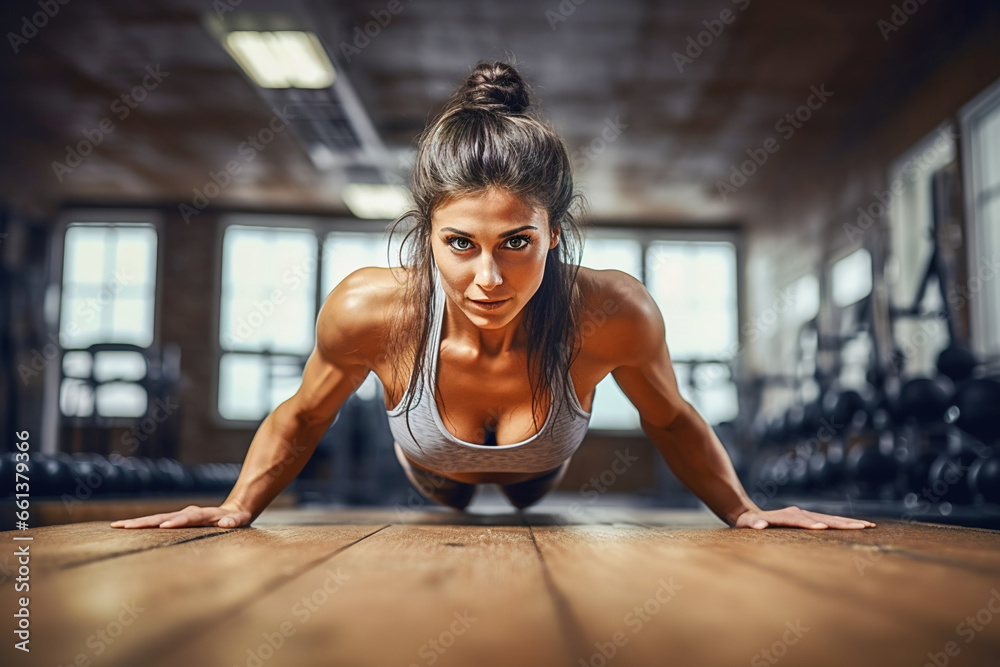 An athletic woman does push-ups at the gym. An athletic woman does push-ups at the gym.
