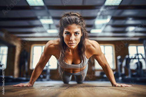 An athletic woman does push-ups at the gym.