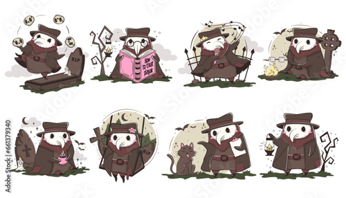 Set of cute kawaii plague doctor in various poses. Medical routine cartoon humorous concept.