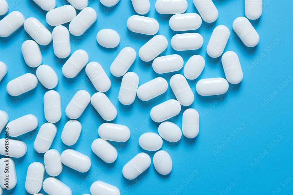 Medicine pills and tablets , painkillers or drugs on pastel border background. Top dwon view. Generative Ai Medicine pills and tablets , painkillers or drugs on pastel border background. Top dwon view. Generative Ai