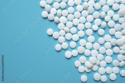 Medicine pills and tablets , painkillers or drugs on pastel border background. Top dwon view. Generative Ai