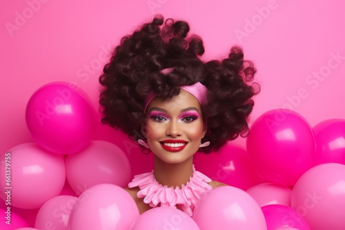 Lady with pink balloons. Happy cute model with smiling face. Generate AI © nsit0108