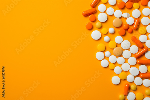 Medicine pills and tablets , painkillers or drugs on pastel border background. Top dwon view. Generative Ai photo