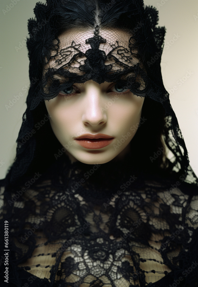 Portrait of beautiful gothic woman in black dress and lace veil, vintage style.	