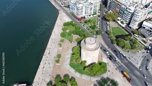 Iconic White Tower in Thessaloniki, Greece - Scenic Daylight Drone Footage photo