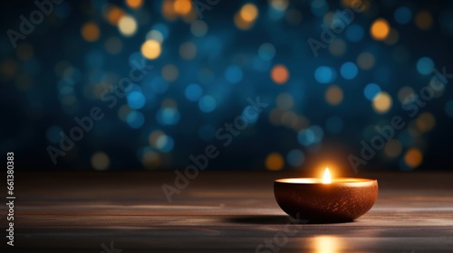 Diya candle on a wooden surface with a bokeh background - Diwali scene