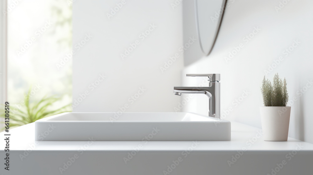 Fototapeta premium Faucet and sink in a bathroom, close up, modern style