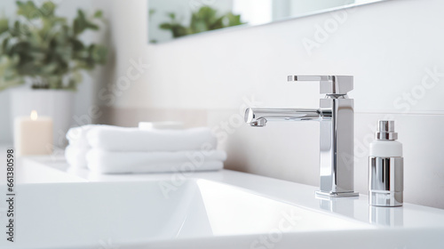 Faucet and sink in a bathroom, close up, modern style