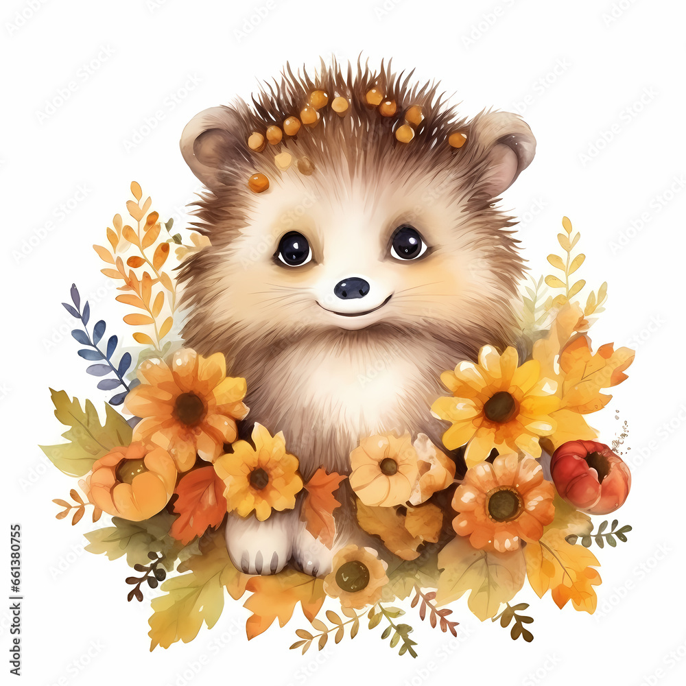 Autumn hedgehog with flowers, watercolor illustration. Autumn hedgehog with flowers, watercolor illustration.
