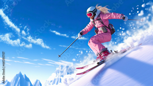 woman skier in a pink jacket is skiing at winter scenery