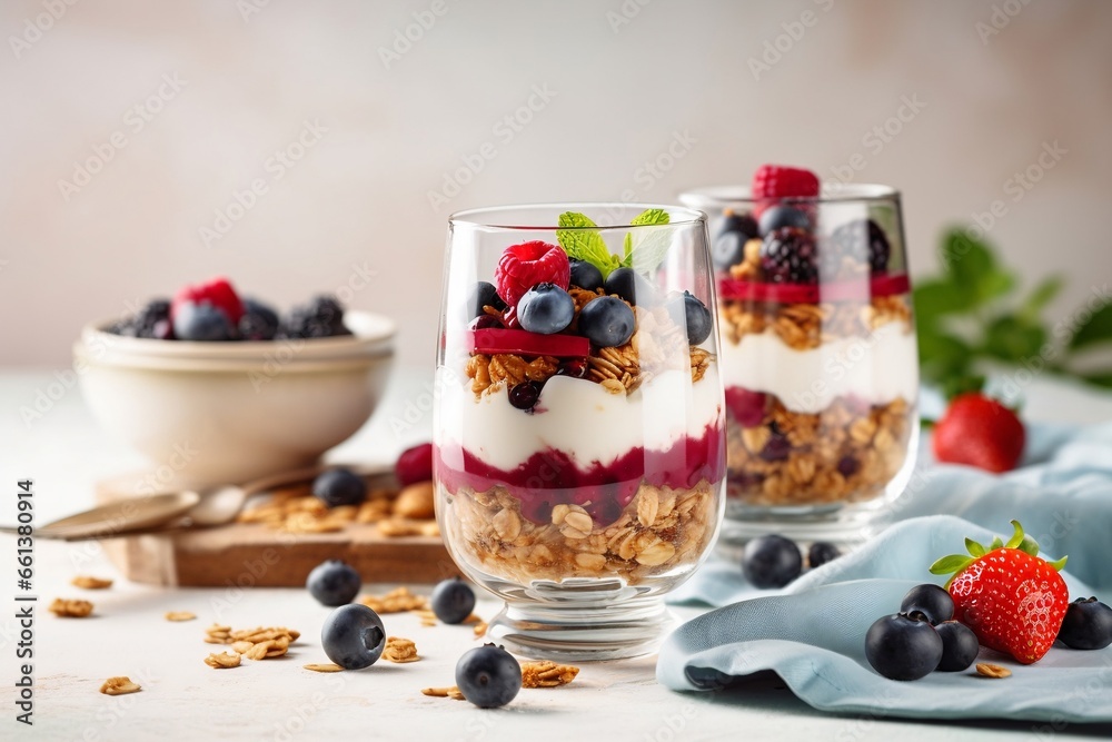 yogurt granola parfait with blueberry and raspberry, healthy breakfast with yogurt granola, copy space, generative ai yogurt granola parfait with blueberry and raspberry, healthy breakfast with yogurt granola, copy space, generative ai