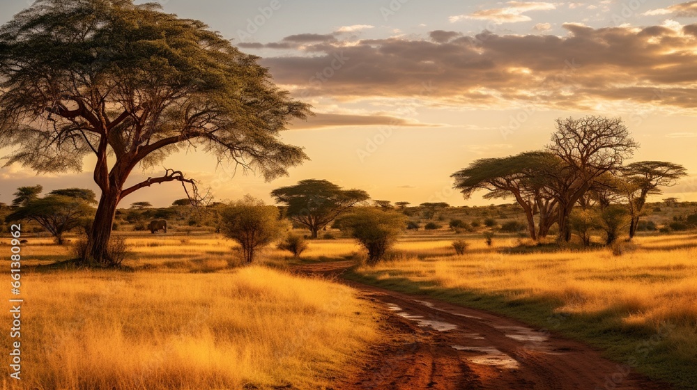 An expansive savannah bathed in golden hour light, with acacia trees casting long shadows.