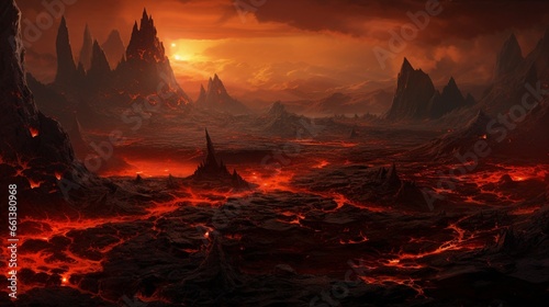 An otherworldly volcanic landscape, with steaming vents and molten lava flows.