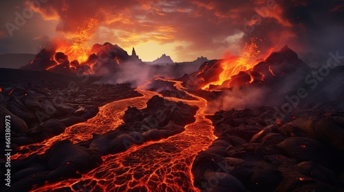 An otherworldly volcanic landscape, with steaming vents and molten lava flows. photo