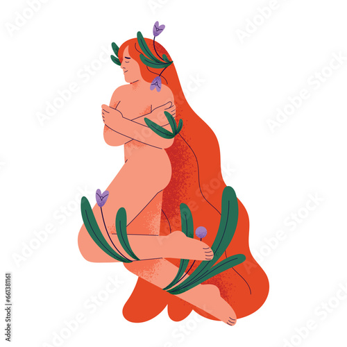 Redhead naked woman with flowers hug herself. Longhair nude girl with leaves love yourself, self care. Body acceptance, natural beauty concept. Flat isolated vector illustration on white background