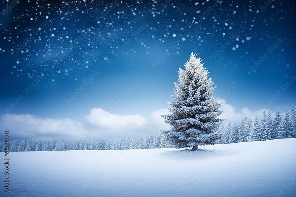 snowy pine tree in winter, in the style of bokeh panorama, generative ai snowy pine tree in winter, in the style of bokeh panorama, generative ai