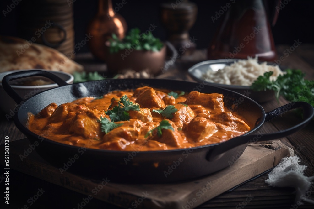 indian chicken tikka masala curry in pan, copy space, generative ai