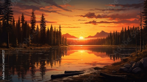 A placid lake reflecting an amber sunset in impeccable detail. photo