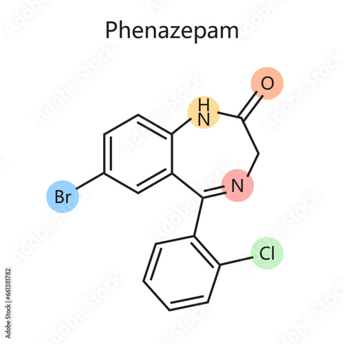 Chemical organic formula of phenazepam diagram schematic vector illustration. Medical science educational illustration
