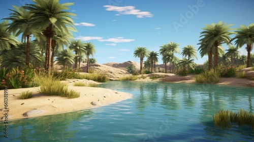 A serene oasis nestled amidst dunes  with palm trees surrounding a clear blue pond.