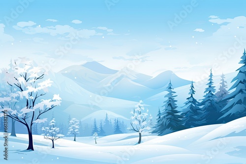 Winter scenery with snow covered trees. Blue tones. Christmas background. Generative AI