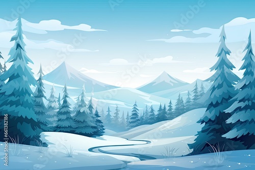 Winter scenery with snow covered trees. Blue tones. Christmas background. Generative AI © Gelpi