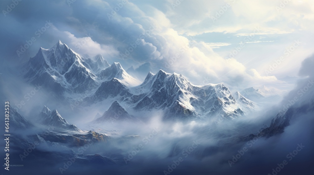 Jagged peaks of a remote mountain range, veiled in ethereal clouds and untouched snow. Jagged peaks of a remote mountain range, veiled in ethereal clouds and untouched snow.