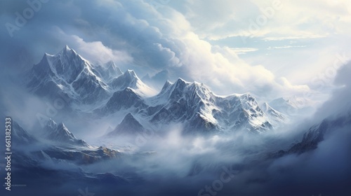 Jagged peaks of a remote mountain range, veiled in ethereal clouds and untouched snow. © Ai Studio