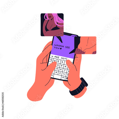 Couple in love send nudes in messager. Erotic photos in chat, intimacy correspondence, message with naked body. Smartphone with romantic conversation in hands. Flat isolated vector illustration