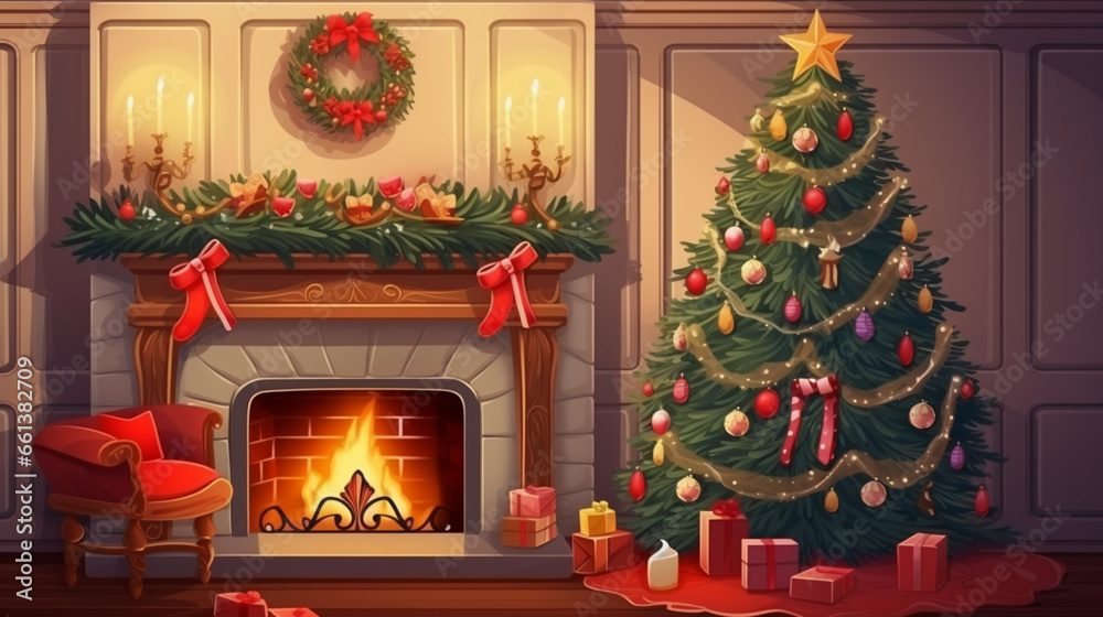 Festive interior with decorated Christmas tree and fireplace. ai generative