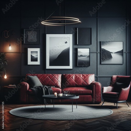modern living room, modern sofa, red and grey color, on dark background