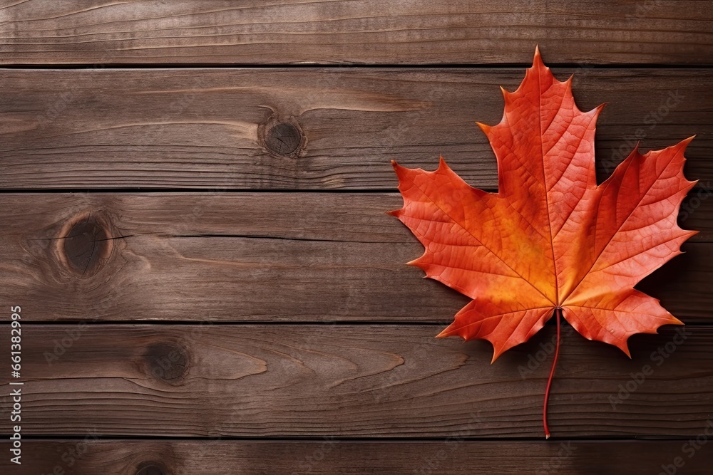 Autumn's Gentle Embrace: A Lone Maple Leaf on Rich Wooden Planks Showcasing Nature's Beauty. Generative AI Autumn's Gentle Embrace: A Lone Maple Leaf on Rich Wooden Planks Showcasing Nature's Beauty. Generative AI