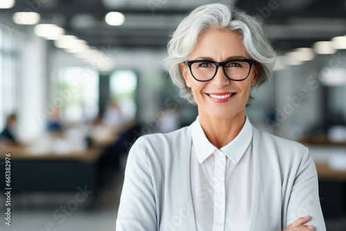 Portrait of mature businesswoman with glasses in office.