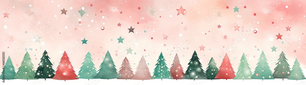 Xmas background. Christmas trees with colored stars falling. Generative AI Xmas background. Christmas trees with colored stars falling. Generative AI