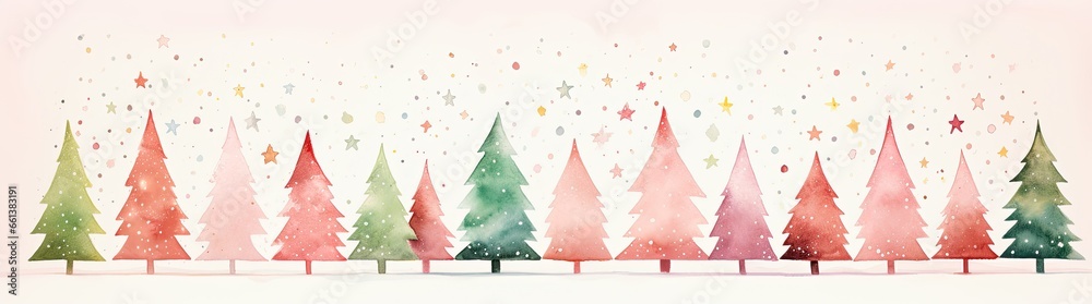 Xmas background. Christmas trees with colored stars falling. Generative AI