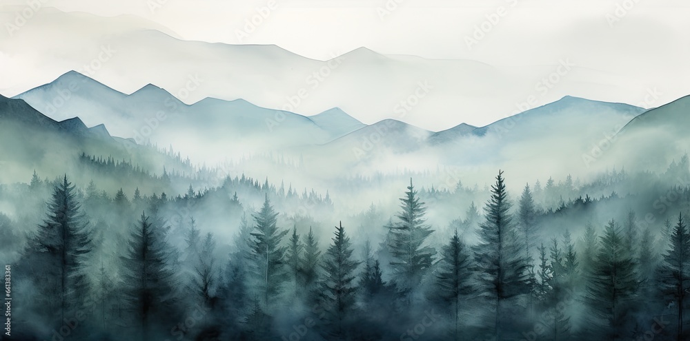 Landscape with blue misty forest trees. Generative AI