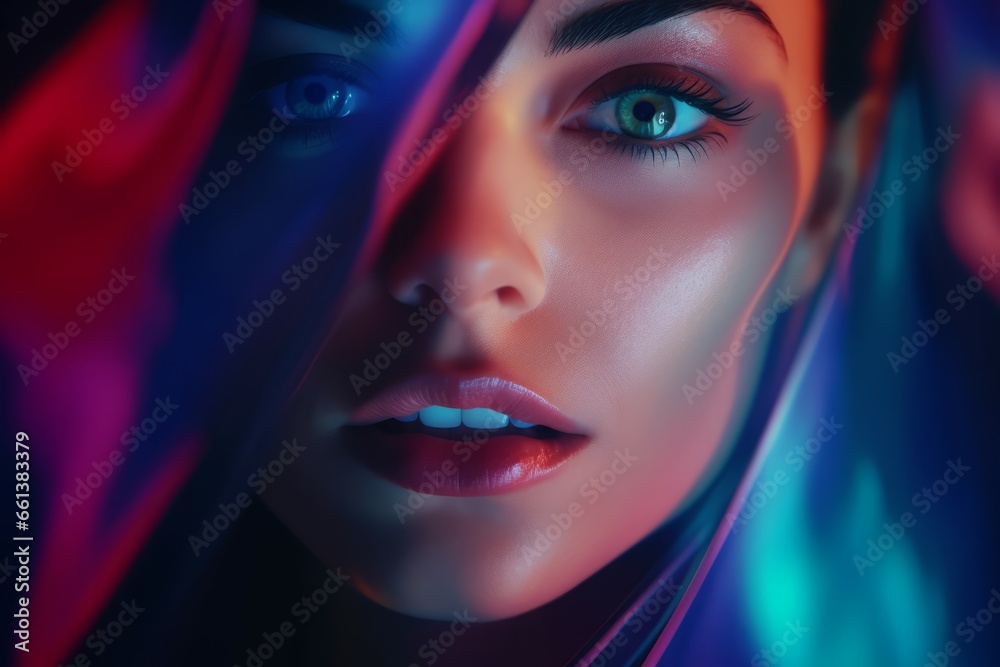 Shining veil woman. Cute model portrait with big blue eyes. Generate Ai Shining veil woman. Cute model portrait with big blue eyes. Generate Ai