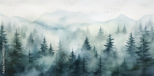 Landscape with blue misty forest trees. Generative AI © Gelpi