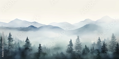 Landscape with blue misty forest trees. Generative AI © Gelpi