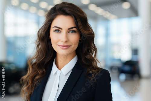 Portrait of beautiful young business woman in modern office.