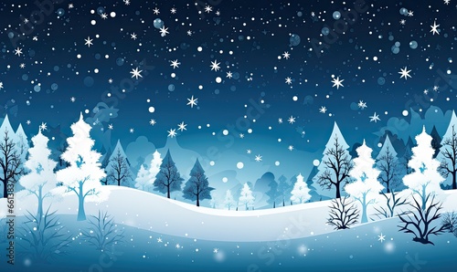 Winter Night Scenery With Snow-covered Trees. Blue tones. Christmas background. Generative AI