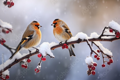 A couple of lovebirds perched on a tree branch, celebrating the Christmas. Generative AI © Gelpi