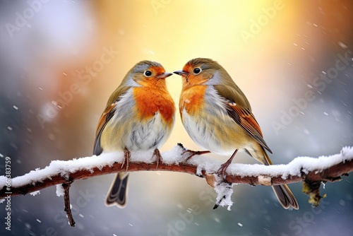 A couple of lovebirds perched on a tree branch, celebrating the Christmas. Generative AI © Gelpi