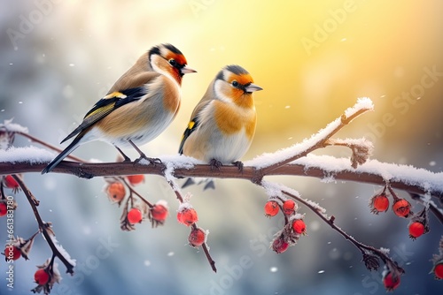 A couple of lovebirds perched on a tree branch, celebrating the Christmas. Generative AI