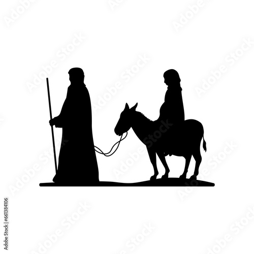 Silhouette Joseph and pregnant Mary travel to Bethlehem on a donkey.