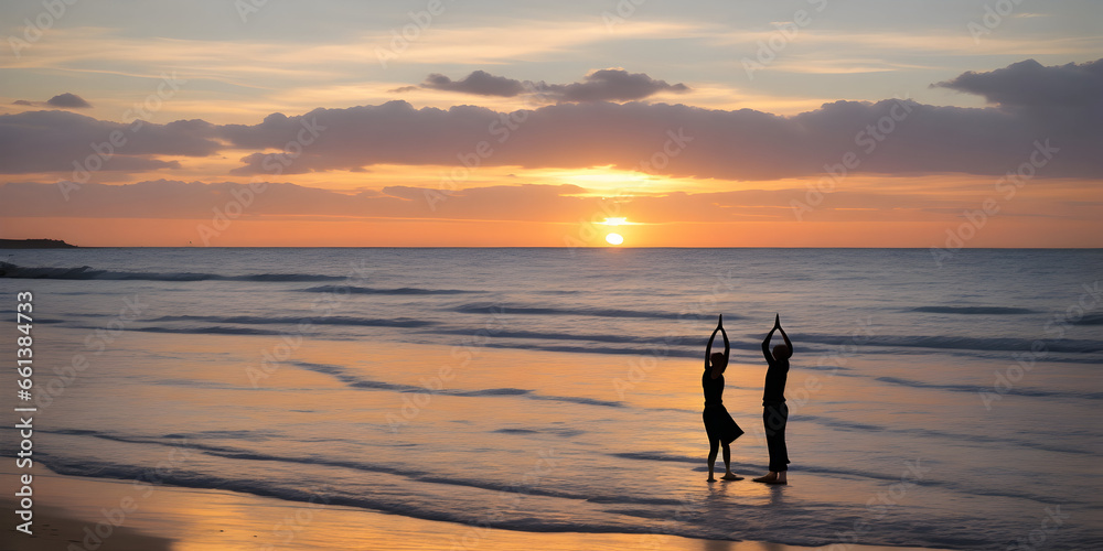 silhouette of a couple doing yoga on the Beach