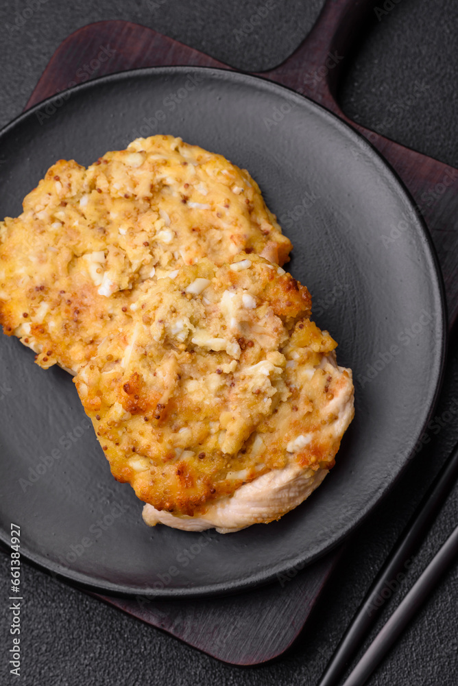 Delicious meat fried with Dijon mustard with salt, spices and herbs