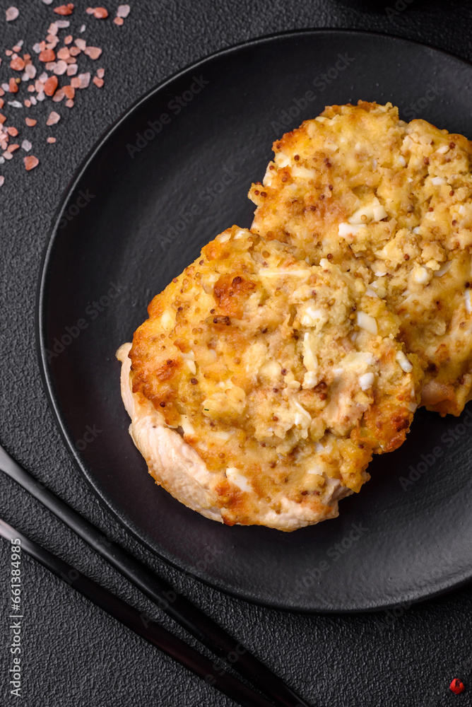 Delicious meat fried with Dijon mustard with salt, spices and herbs Delicious meat fried with Dijon mustard with salt, spices and herbs