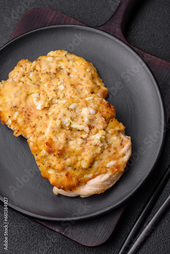 Delicious meat fried with Dijon mustard with salt, spices and herbs